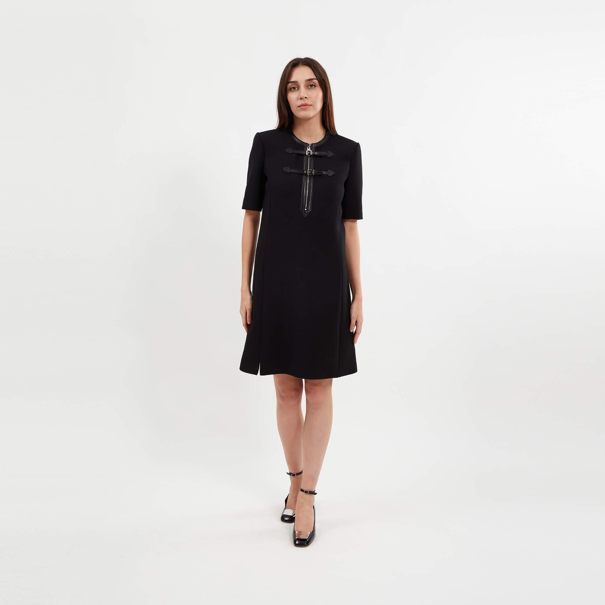 Louis Vuitton - Black Wool Short Sleeve Leather Trimmed Dress